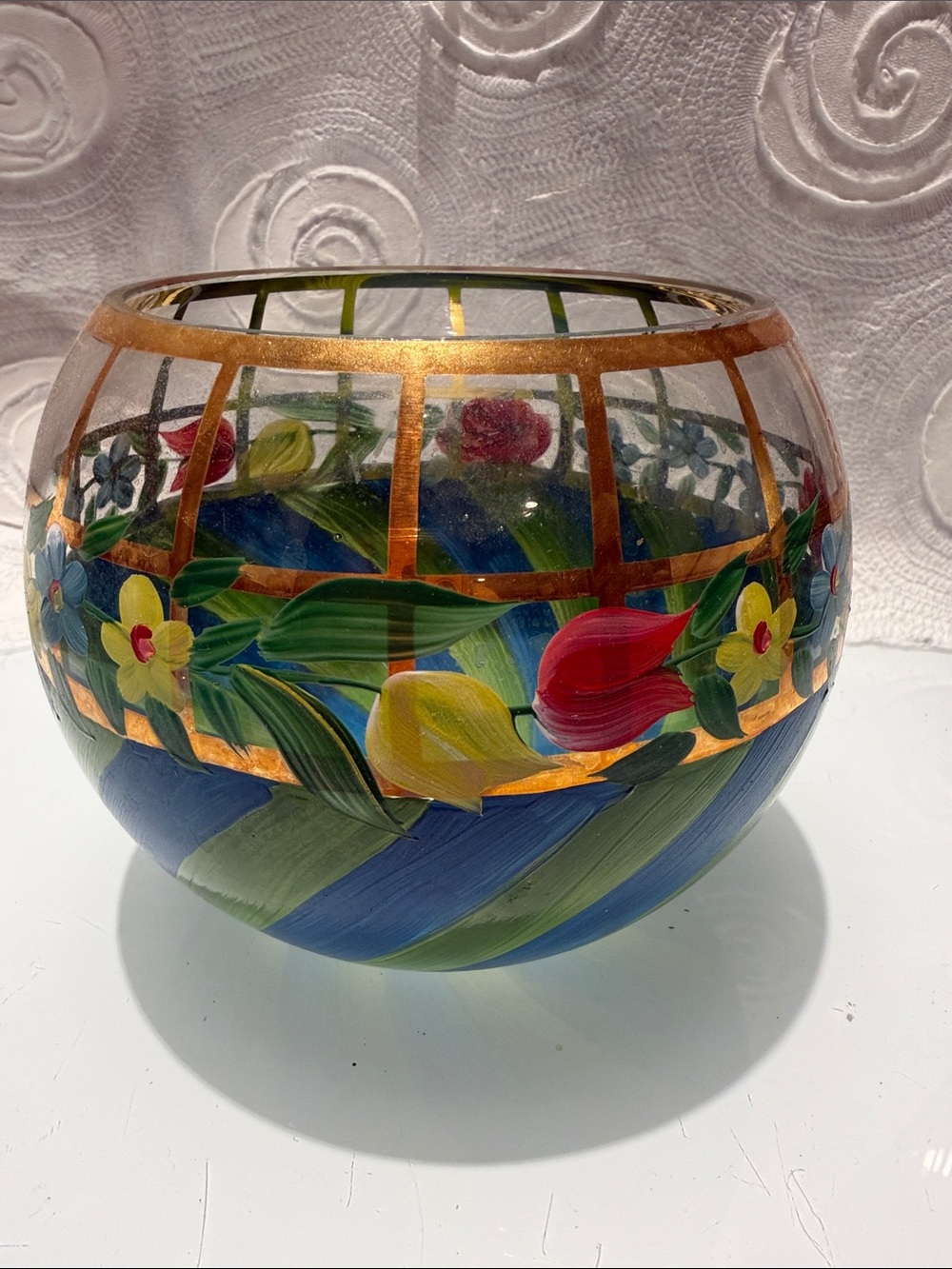 Mac Kenzie Childs Hand-Painted Floral Glass votive Blue, Green,Yellow 5”x 5”
